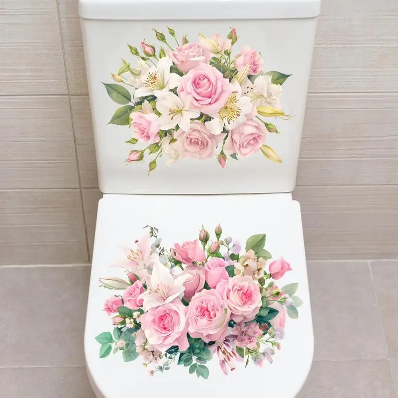 1 Set Flower Pattern Toilet Stickers Self-Adhesive Removable PVC Waterproof Bathroom Wall Decor Stickers