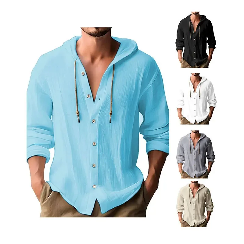 New 2024 Spring Summer Men's Hooded T-Shirt Solid Color Cotton Linen Casual Long Sleeve Top Cross-Border Amazon