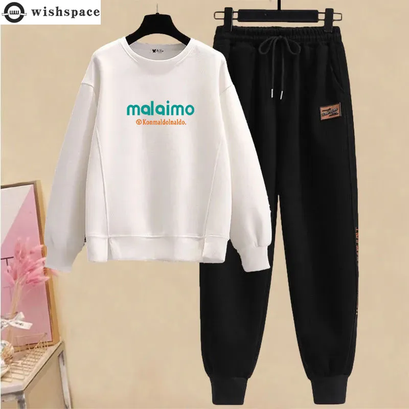 

2022 New Spring and Autumn Suit Women's Korean Fashion Loose Print Crew Neck Top Casual Sports Harun Trousers Two Piece Set