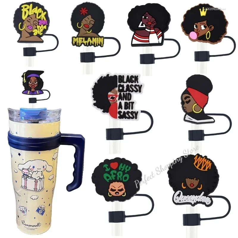 Black Girl Straw Cover Cap 10MM Drink Straw Plug Reusable Splash Proof Drinking Fit Cup Straw Cap Charms Pendant Cup Accessories