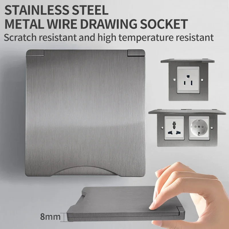 Multi-Standard 13A Power Socket with 8mm Stainless Steel Faceplate - UK/US/EU/FR/UN Single/Double Switch Outlet