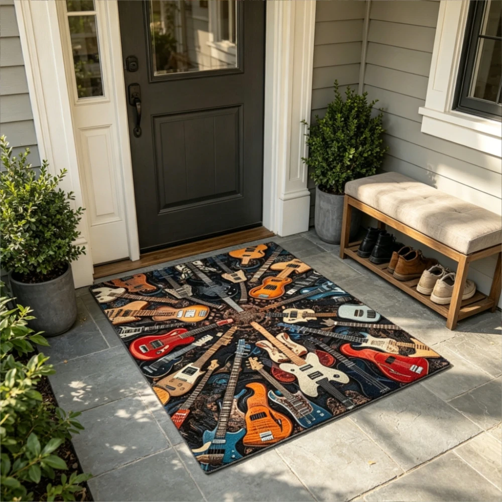 Large Guitar Musical Themed Print Area Rug, Machine Washable Floor Mat for Living Room, Bedroom and Under‑Bed Home Decoration