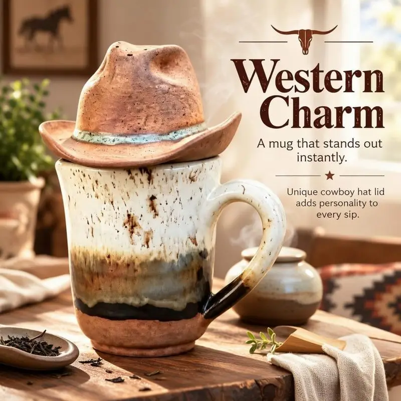 Cowboy Hat Lid Ceramic Coffee Mug Rustic Western Retro Tea Cup Set Unique Home Decor Gift