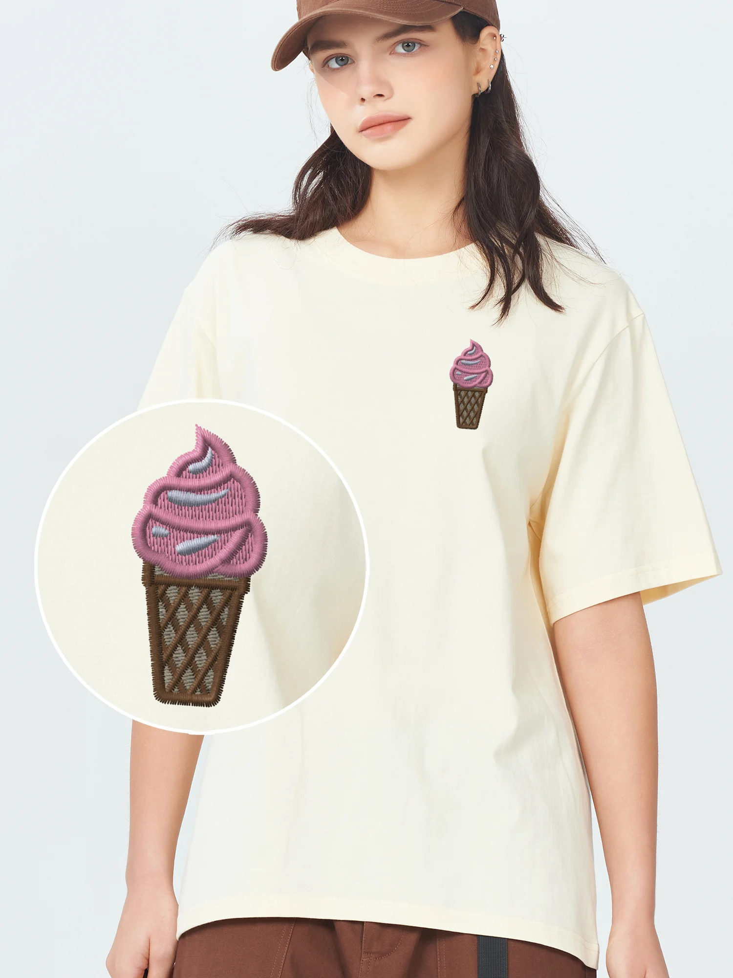 

Ice Cream Pink Embroidered Tee Shirts for Men 100% Cotton Embroidery T-Shirts Ice Cream Blue And White Graphic T Shirts