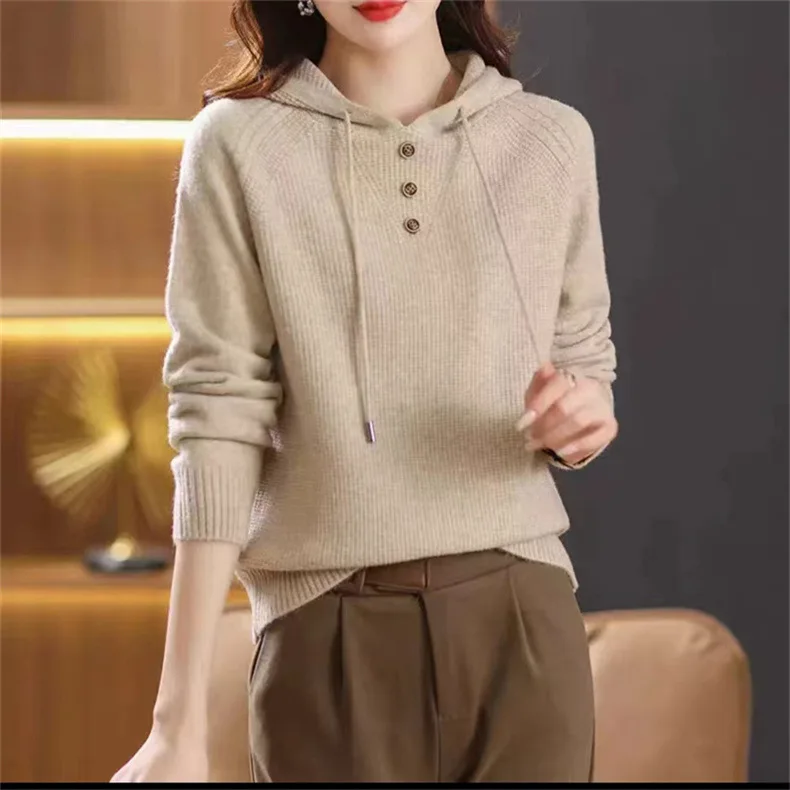 New Korean Ladies Hooded Sweaters Loose Casual Solid Color Sweater Coat Long Sleeve Vintage Woolen Women\'s Top Pullover Femme