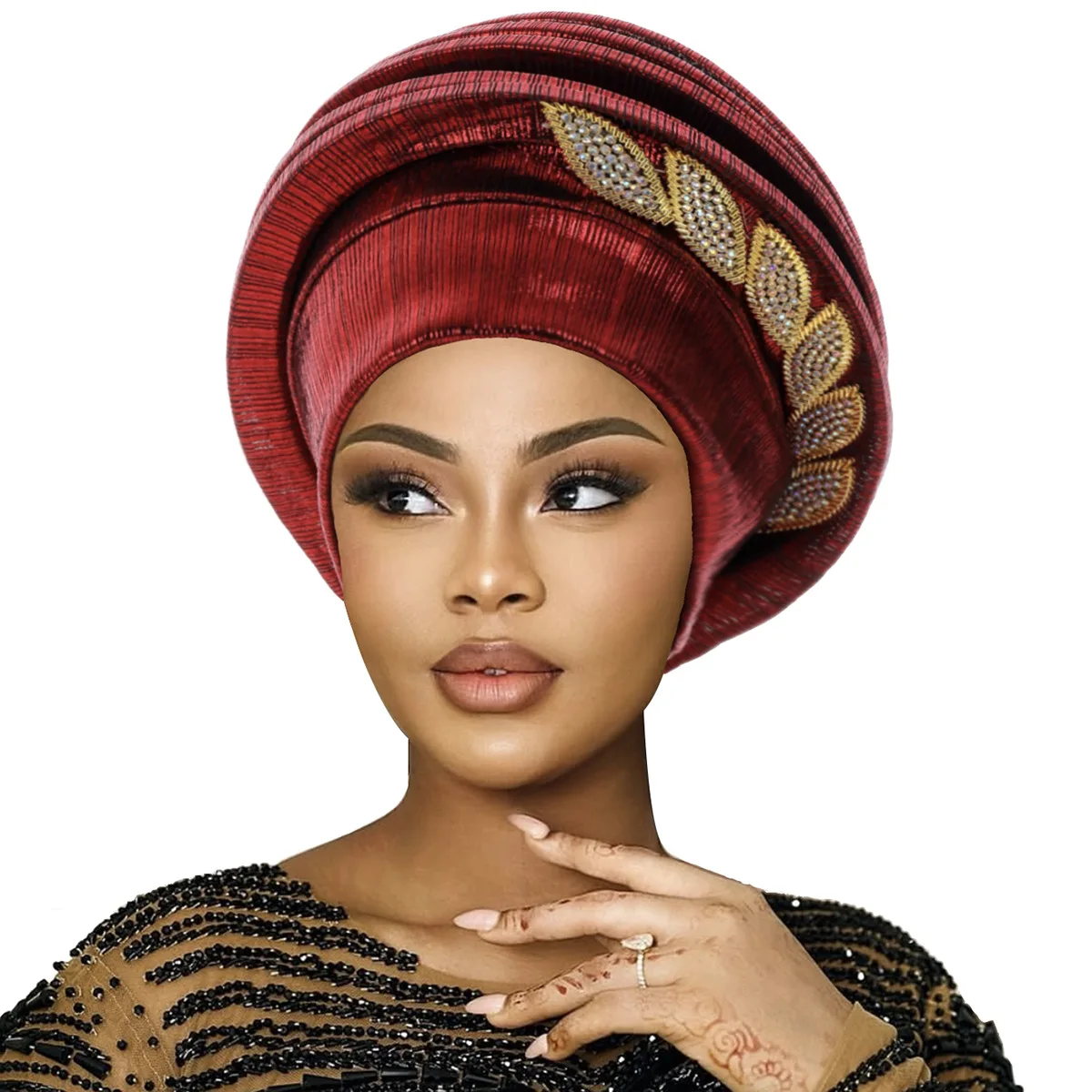 Boina en espiral con hojas y diamantes para mujer, turbantes africanos para la cabeza, boinas femeninas, turbante, tocado nigeriano, Gele para fiesta de boda