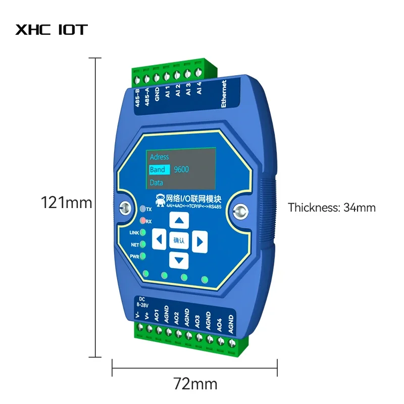 I/O Networking Module DC 8-28V 4AI+4AO 0-20mA/4-20mA RJ45 RS485 XHCIOT ME31-XAXA0404 OLED Display Modbus TCP/RTU Modbus Gateway