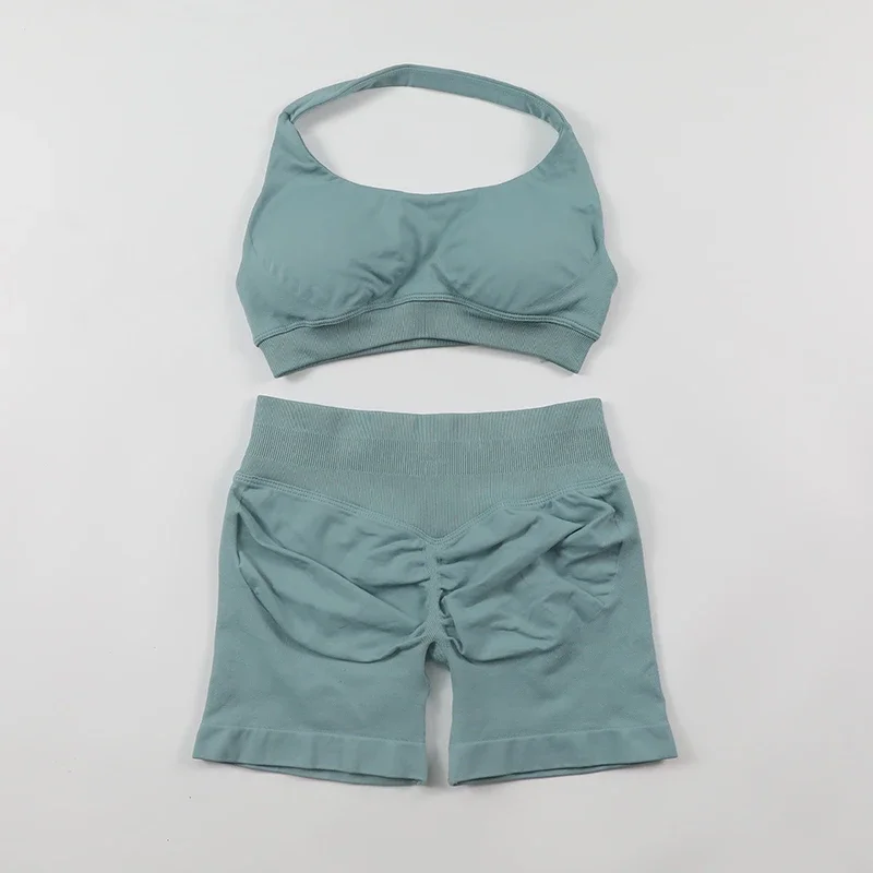 Ensemble short de yoga sans couture, soutien-gorge de sport à col licou, short de fitness froissé aux fesses, sport, ensemble camisole d'été pour femmes