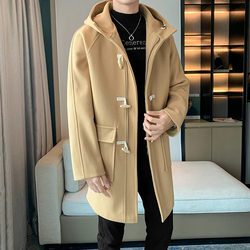 RUIHUO Horn Button Hooded Men\'s Winter Long Coat New in Coats and Jackets Male Clothes Man Trench Clothing Woolen Overcoat 2024