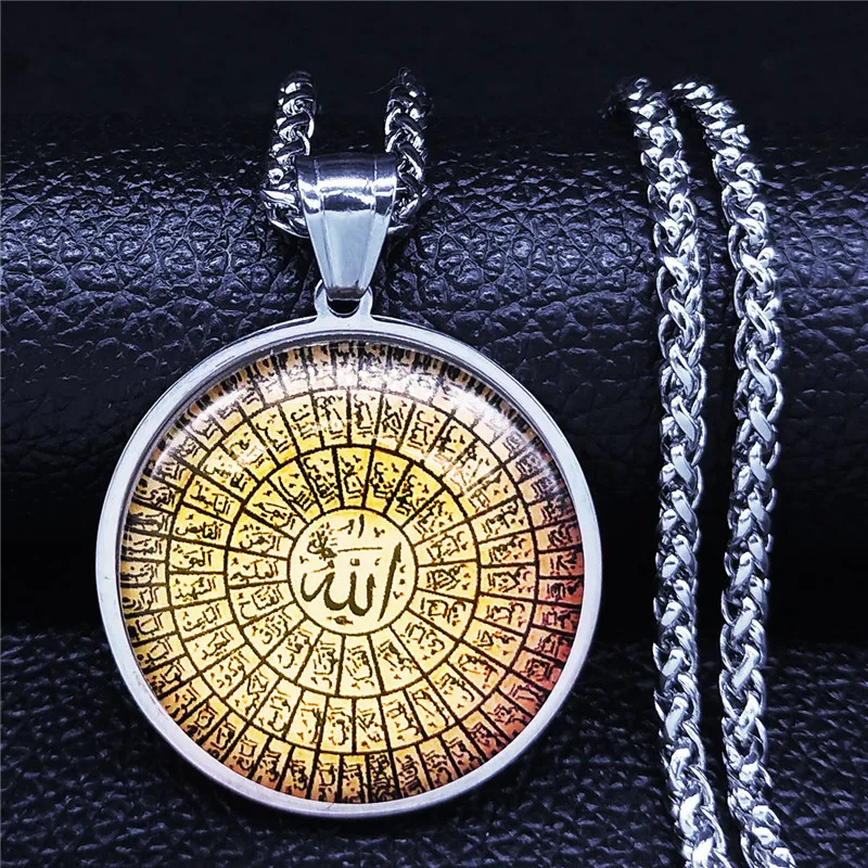 Islamic Arab Quran Allah Glass Stainless Steel Long Necklaces Men/Women Muslim Necklace Jewelry acero inoxidable joyeria N5162