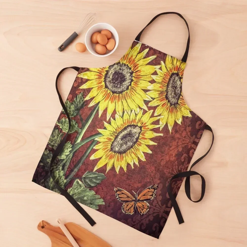 Sunflowers and Butterfly with Red Filigree Apron Women Kitchen Chef Accessory christmas decoration Apron