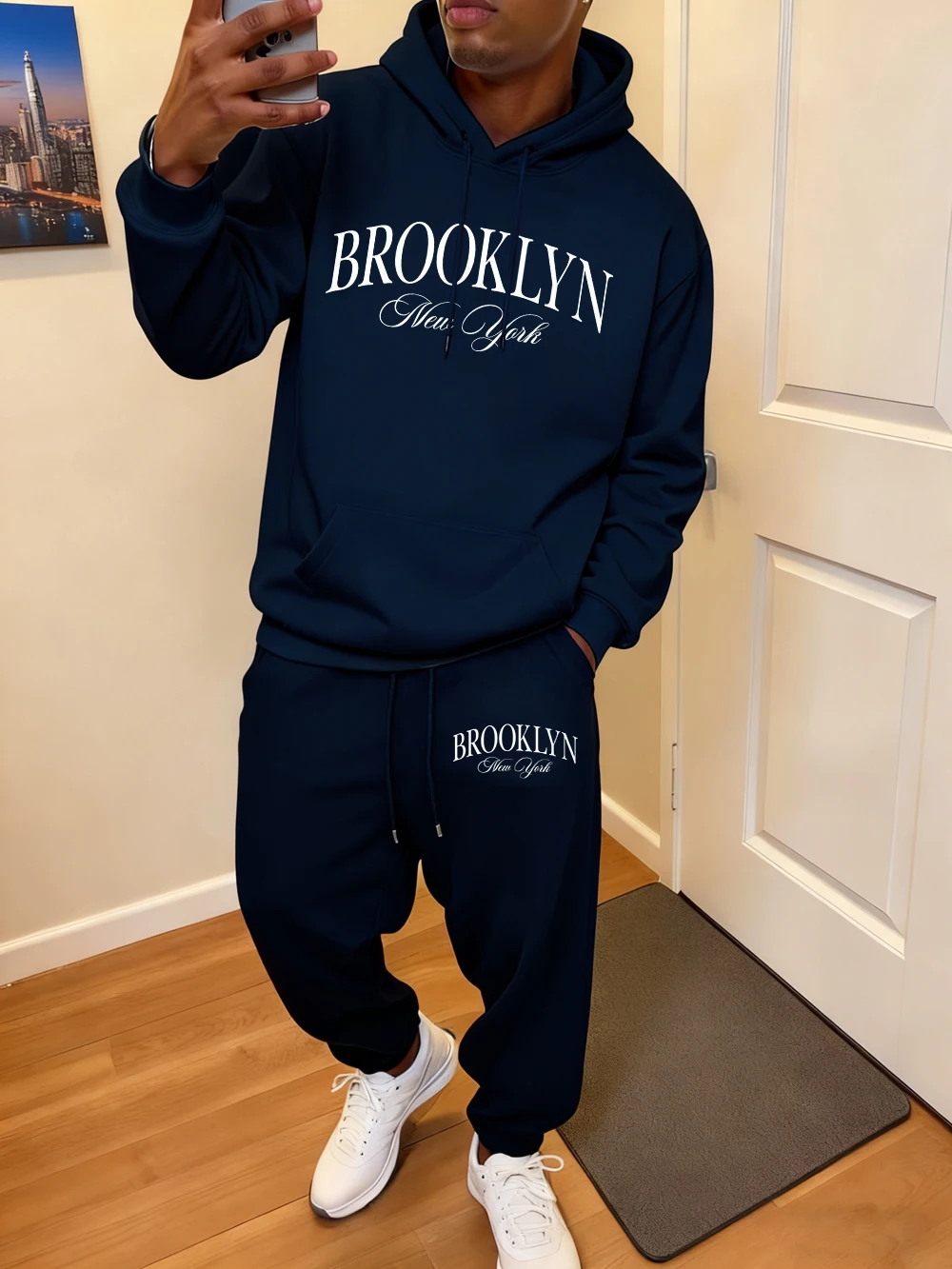 2 قطعة مجموعة هوديي الرجال بروكلين نيويورك إلكتروني يطبع Sweatpants رياضي الصوف الدافئة جيب البلوز السراويل الخريف ملابس فضفاضة #1