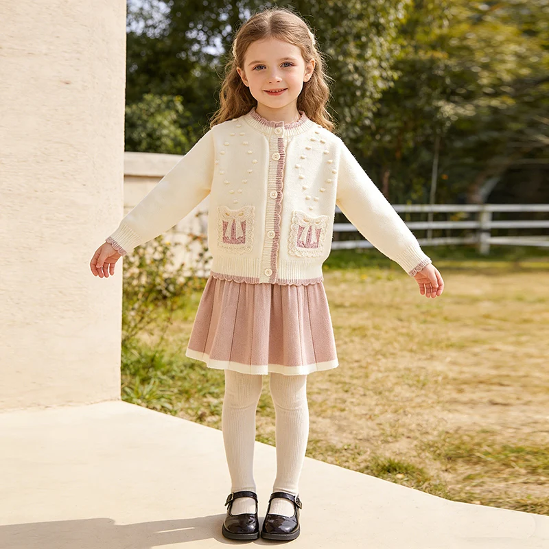 2026 New Spring 2-6Yrs Baby Girls Clothing Set Long Sleeved Knitted Cardigan Coat+Short Skirt Children Knitted Clothes Suit