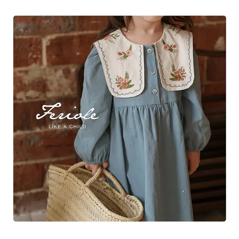 2024 Spring Girl\'s Fashion Embroidery Dress Baby Girl Korean Style Long-sleeved Flower Clothing Kids Casual Toddler Party Dress