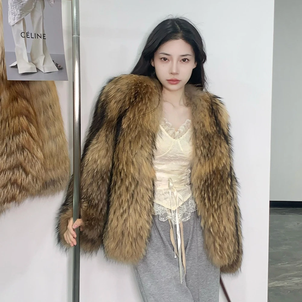 

100% Real Raccoon Fur Coat for Women Whole Skin Full Pelt Jacket Thick Warm Outerwear Luxury Streetwear Winter New