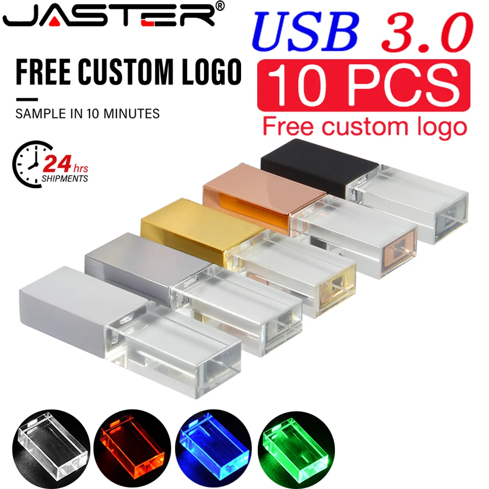 

JASTER 10PCS LOT Crystal USB 3.0 Flash Drives 128GB Pen Drive Free Custom Logo LED High Speed Memory Stick for Laptop USB Stick