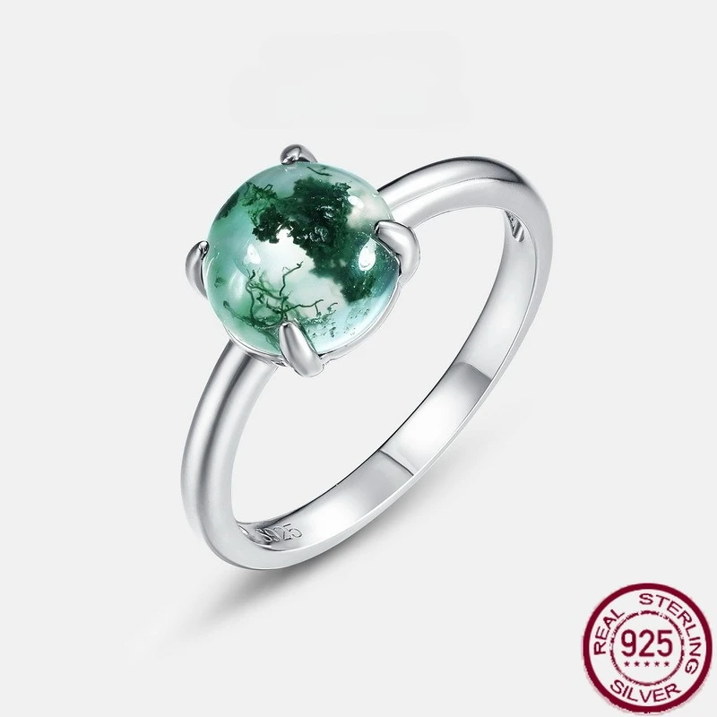 

New S925 pure silver simple and fashionable natural green moss stone inlaid with water grass agate closed ring wedding jewelry