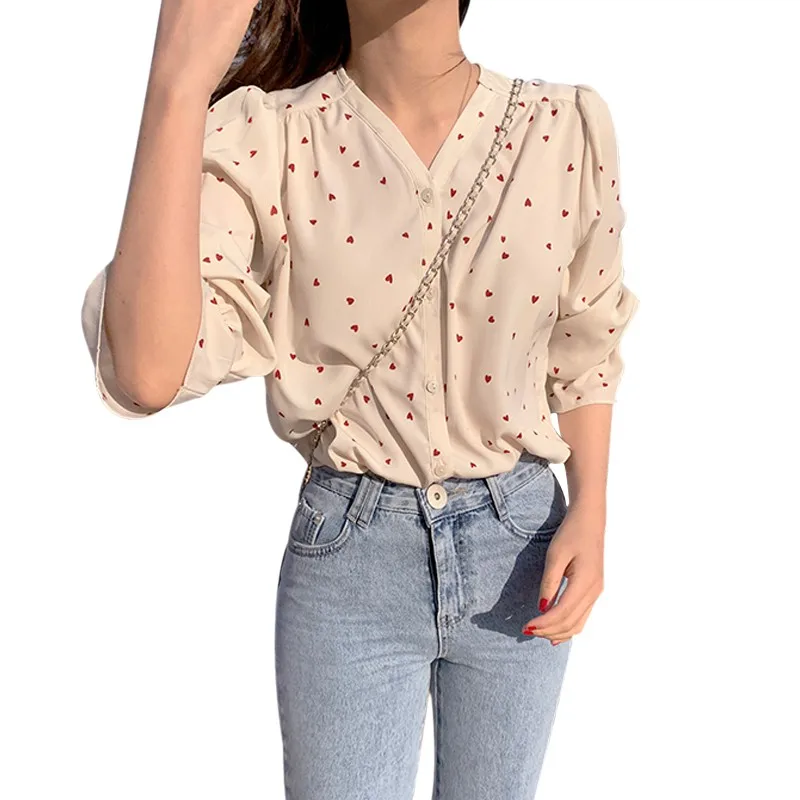 Spring V-neck Love Print Shirt Sweet Fashion Long Sleeve Loose Petal Sleeve Blouse