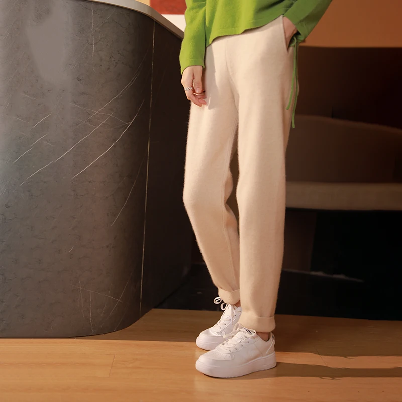 

Women's Wool Pencil Pants High Waist With Pocket Autumn Winter Office Lady Trousers 100% Merino Wool Knitwear Female Pants Tops