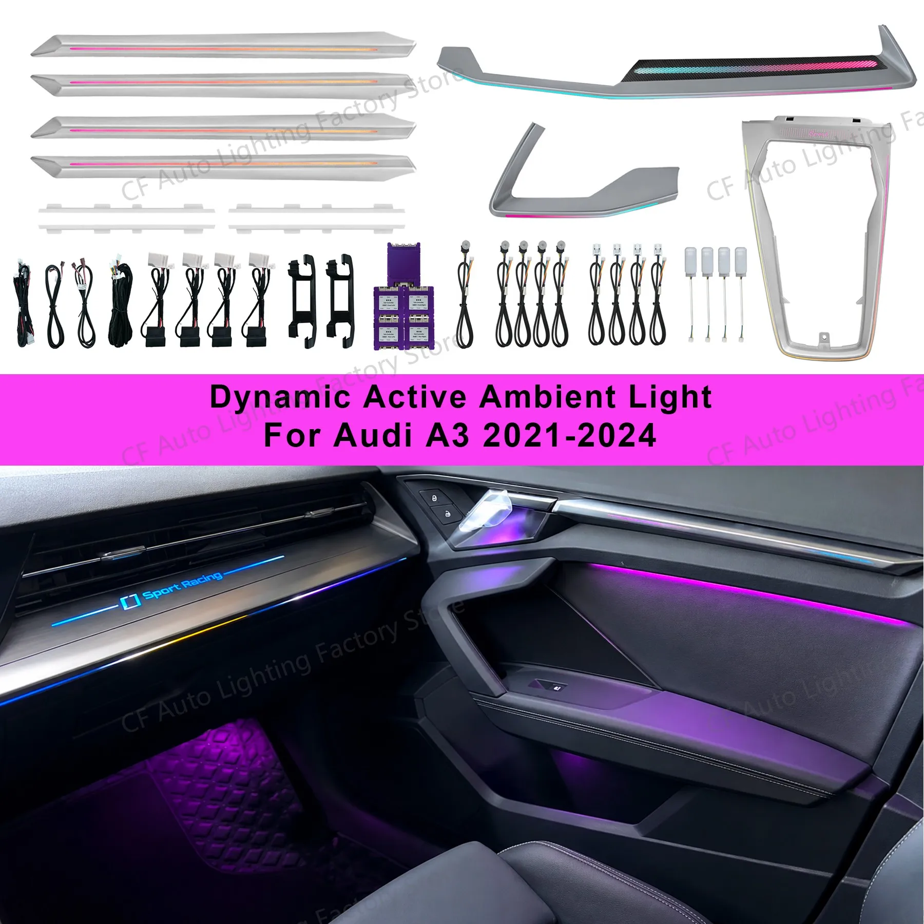 

CF Ambient Light Dashboard For Audi A3L 2021-2024 Decorative Air Vent LED Atmosphere Lamp illuminated Strip 30-Color