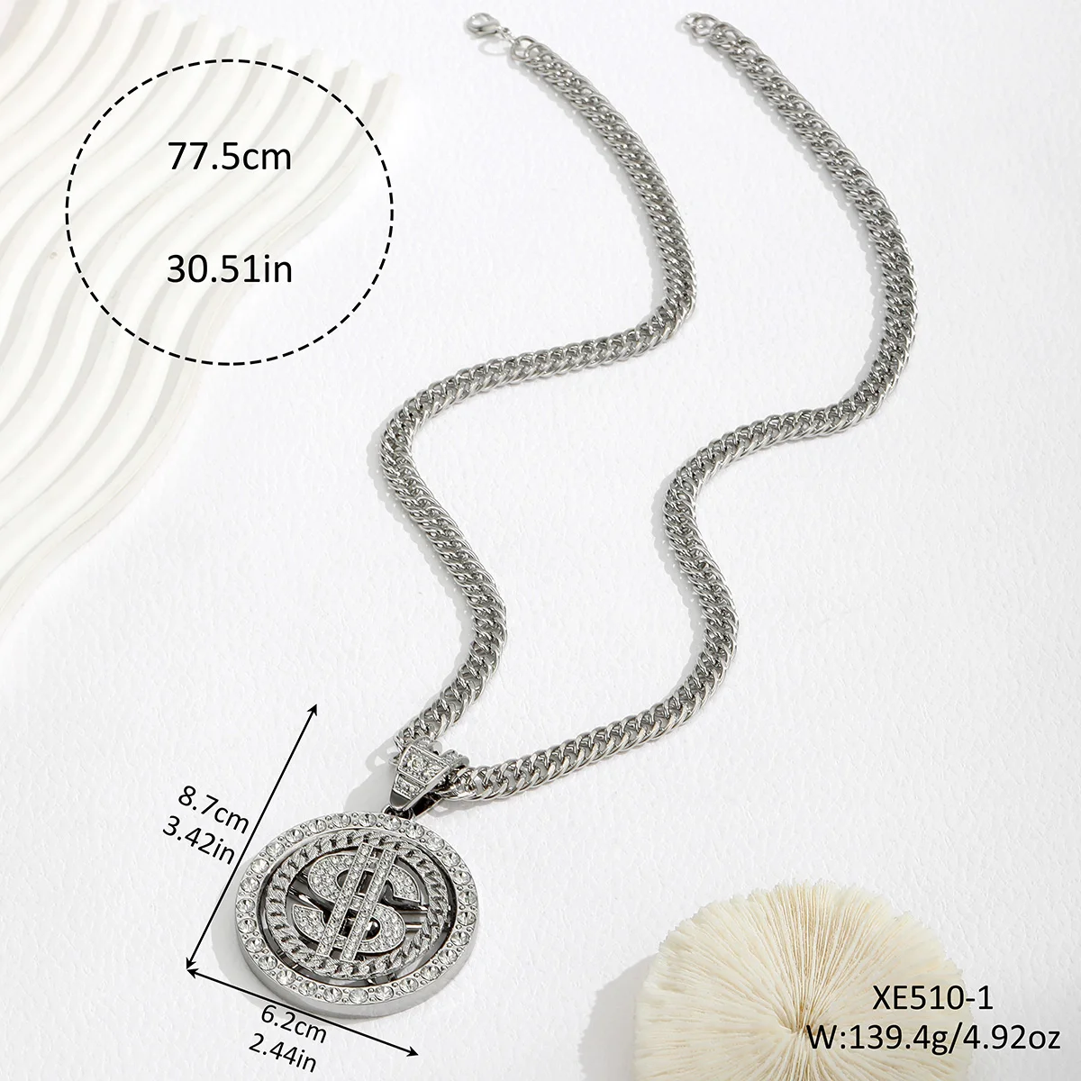 A Trendy Dollar Pendant Necklace with a Unique Style, Featuring a Diamond-Encrusted Dollar Cuban Chain