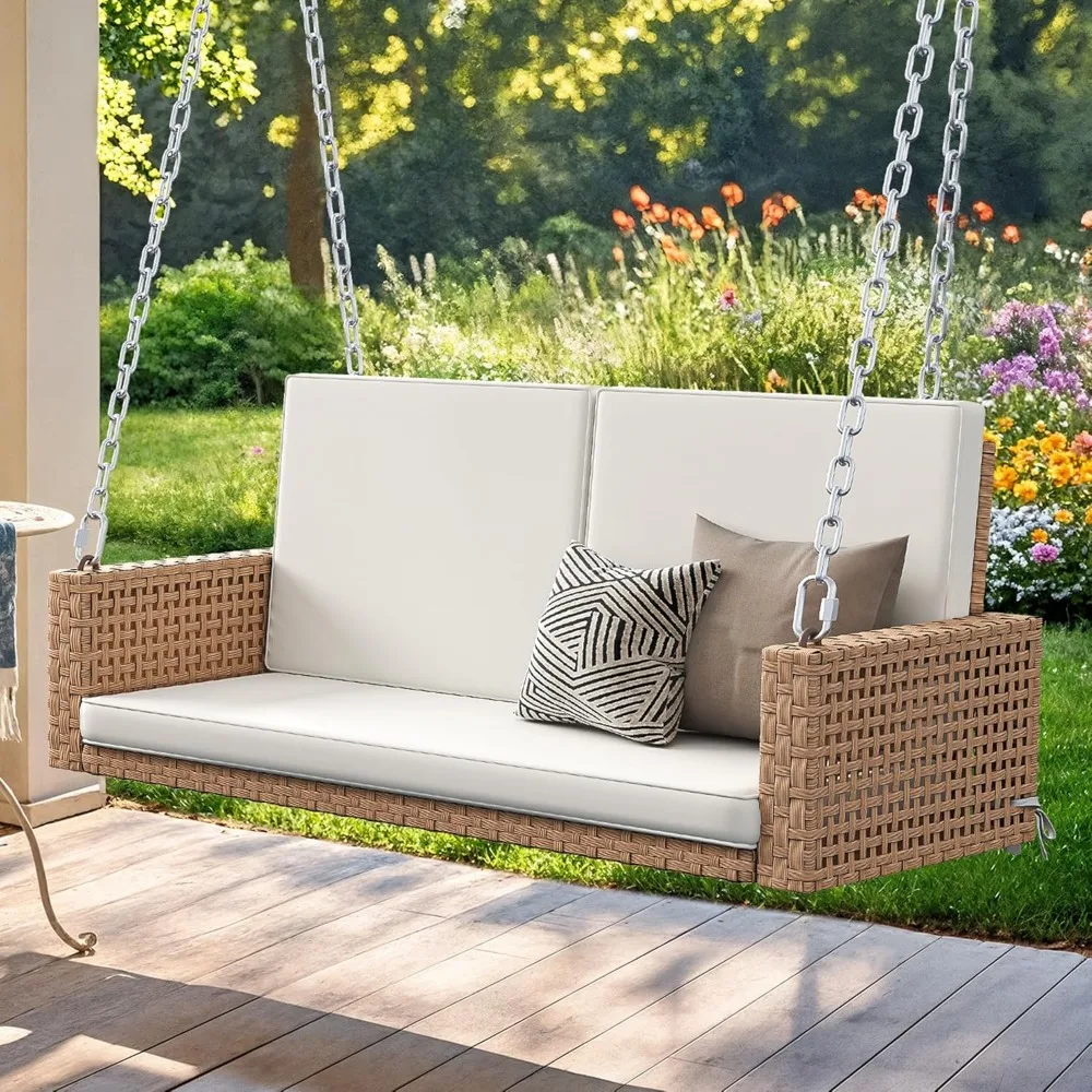

Outdoor Porch Swing, 2-Seater Patio Swing Chair with 3 Comfort Cushions, Sturdy Iron Frame, 530lbs Capacity, Wicker Hanging Bed