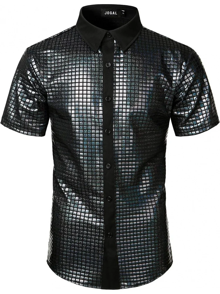 Men's 70s Costume Rainbow Sequins Disco Party Dress Short Sleeve Button Down Shirts