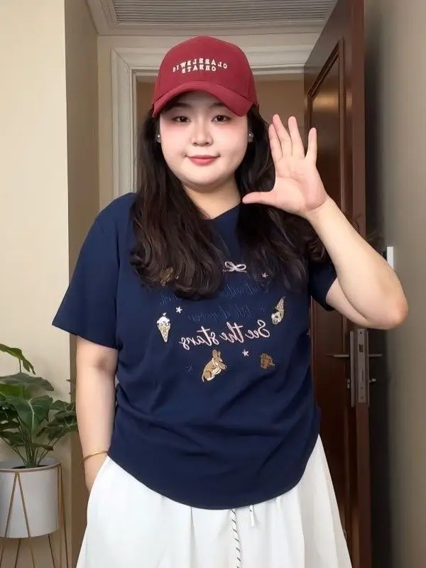 plus Size Women's Cotton T-Shirt Embroidered Pleated Slimming Short Sleeve round Neck Casual Breathable Sweat Absorbent Top
