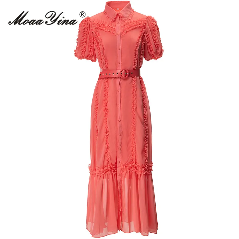 

MoaaYina Spring Fashion Designer White Vintage Party Dress Women Lapel Short Sleeve Ruffle Sashes Gathered Waist Slim Long Dress