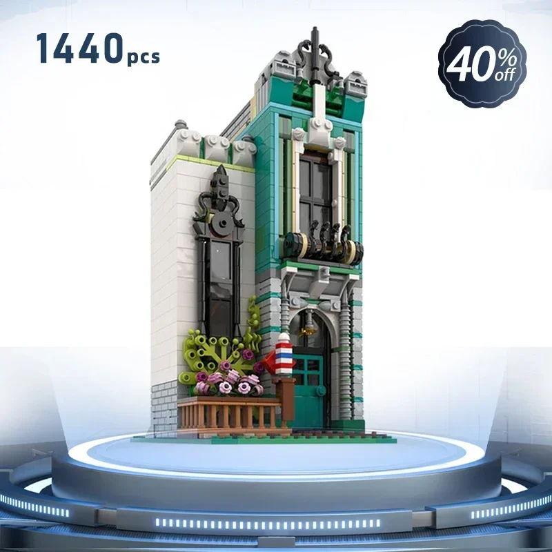 

Green Townhouse Moc Строительные блоки DIY Сборка Строительные игрушки Подарки Модульный вид на улицу Угловое здание Технические кирпичи