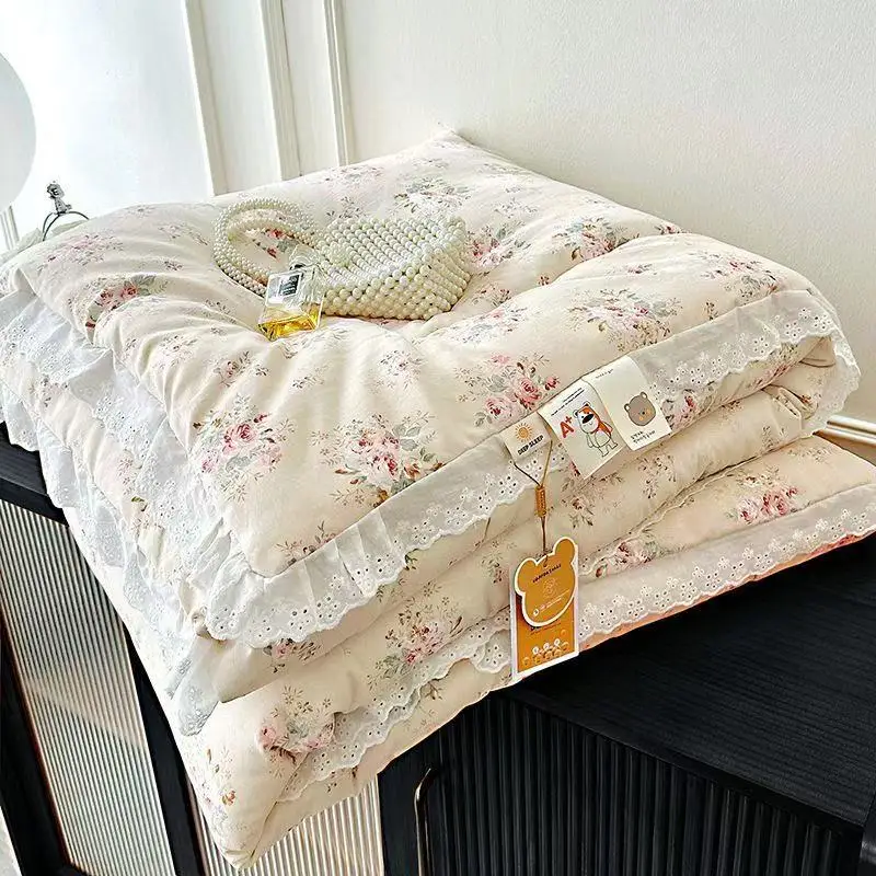 Winter Pure Cotton Comforter Thickened Warm Lace Quilt Floral Printed Blanket Single Double Bed Duvet Twin Queen Size Bedding