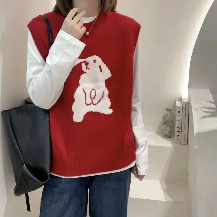 New Year Cartoon Rabbit Sleeveless Knitted Vest Women's Winter Style Pullover Sleeveless Sweater  Tank Top  knit vest