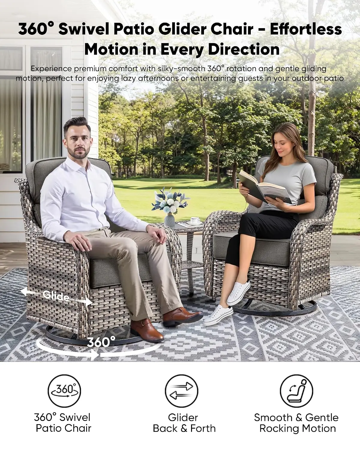 Luxury Patio Furniture Set 6-inch Thick Cushions High Back Swivel Rocker Chairs & 3 Seater-Couch & Steel Fire Pit, Customized
