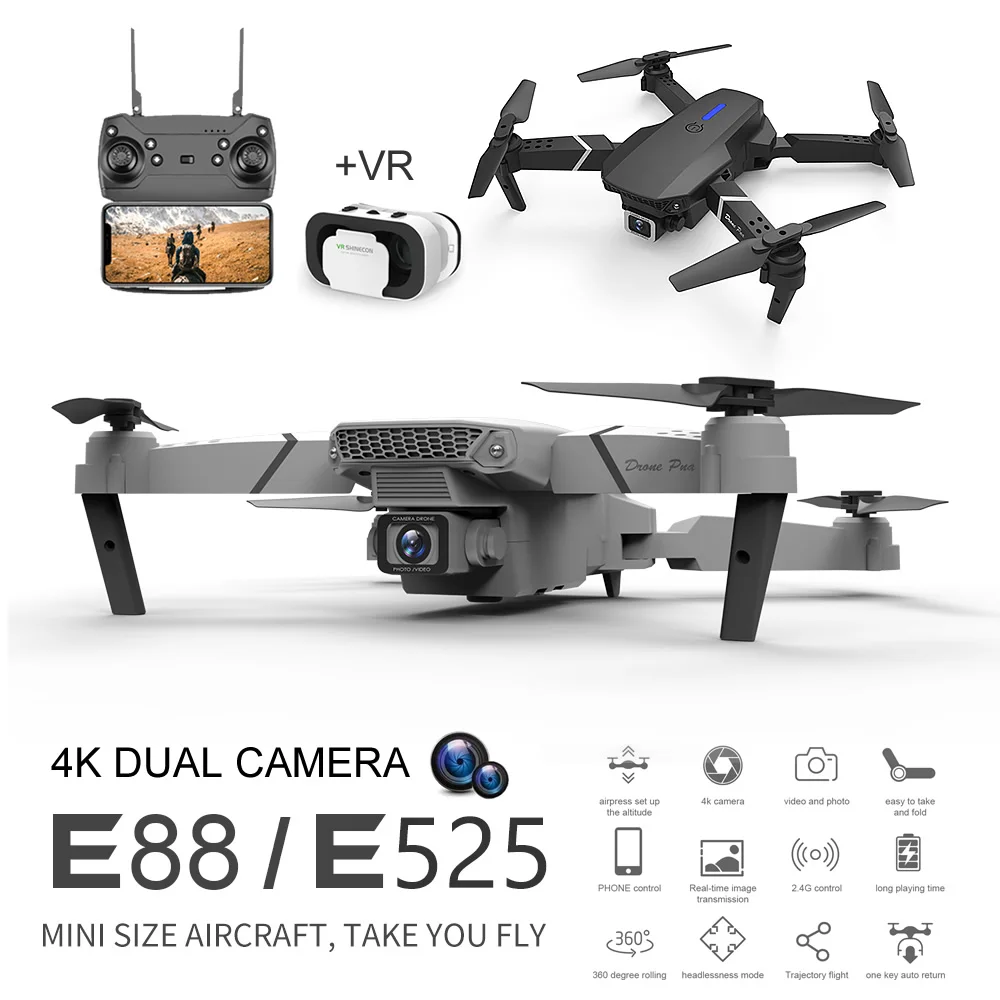 E88-Mini Drone FPV VR Facile à Voler, Photographie Aérienne, Longue Portée Pliable, Quadricoptère avec Caméra, Télécommande, Hélicoptère, Jouets,