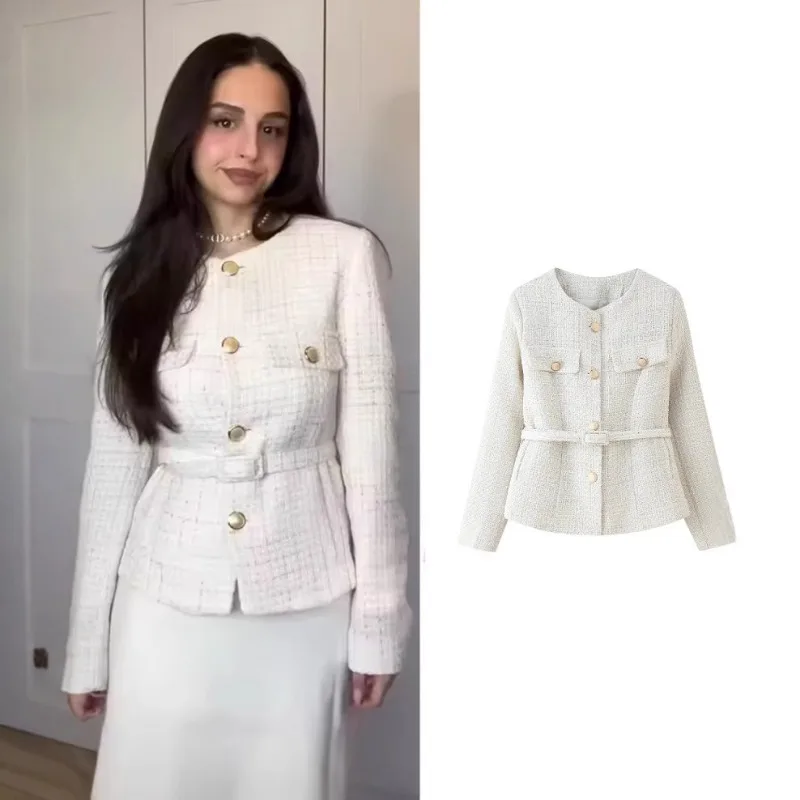 

Женский элегантный клетчатый пиджак с поясом, женские пальто с длинным рукавом и круглым вырезом, осень-зима, женская шикарная однобортная верхняя одежда