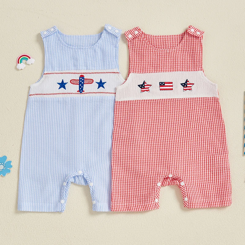 Baby Boys 4th of July Romper Loose Fit American Flag Star Embroidery Plaid Crew Neck Sleeveless Overalls Newborn Jumpsuit