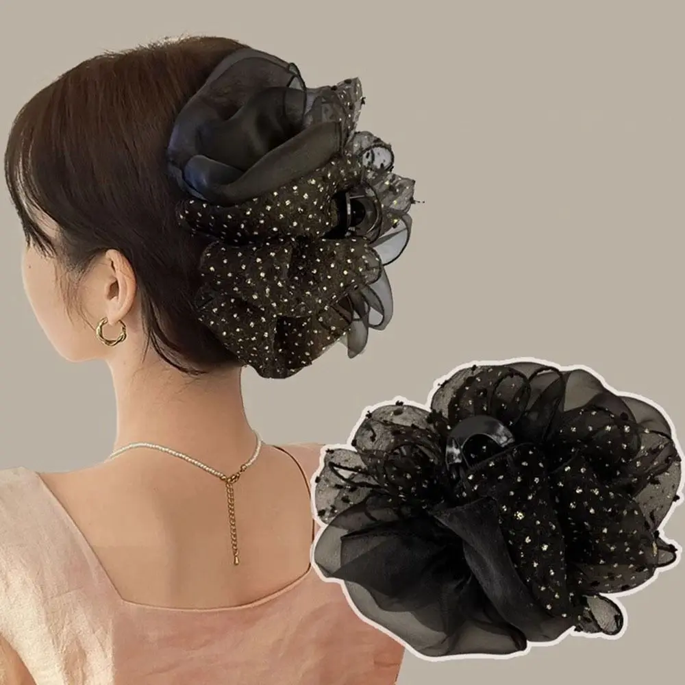 

Fashion Dots Bow Shark Clip Large Double-sided Bow Hair Claw Korean Style Black Mesh Ponytail Clip Lady