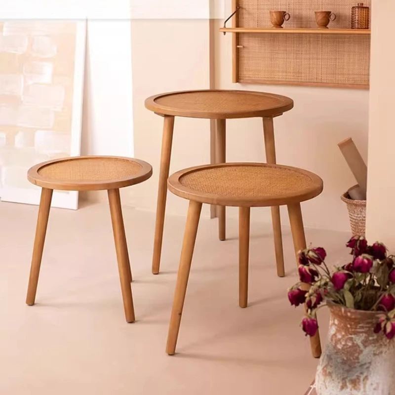 Boho Vintage Coffee Table Solid Wood Round Side Table with Rattan Top for Balcony Vacation Rentals & Boho Living Room Decor