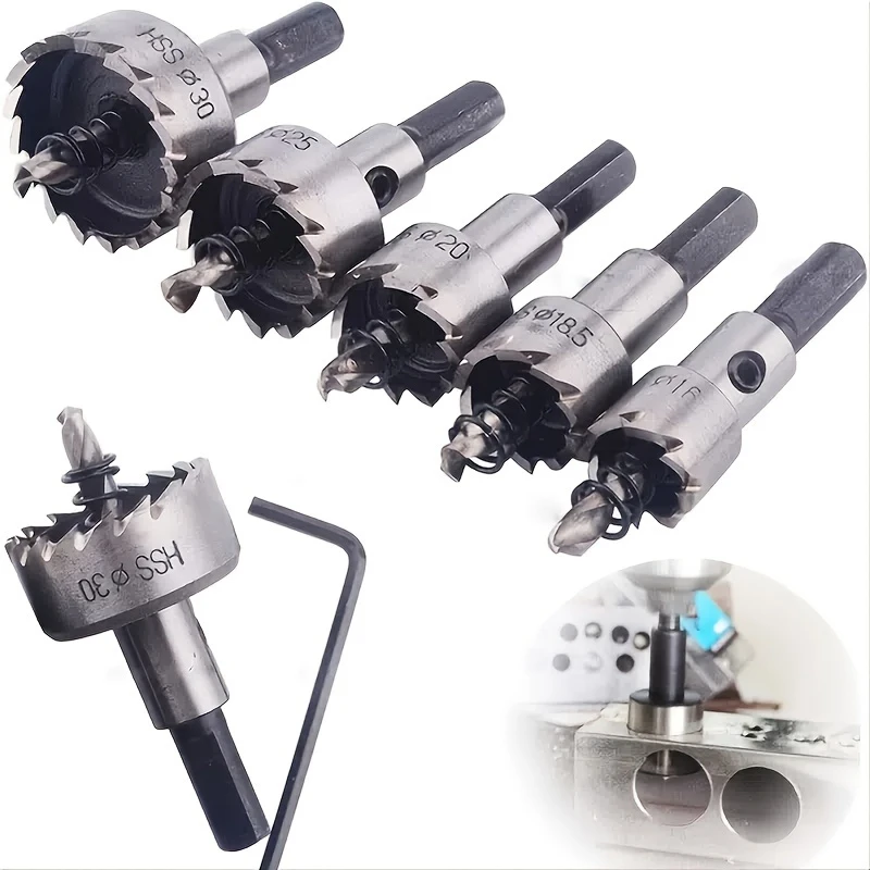 5Pcs HSS Metal Hole Saw Cutter Set, 16/18.5/20/25/30mm Hex Shank Hole Opener with Spring Pilot Drill Allen Wrench
