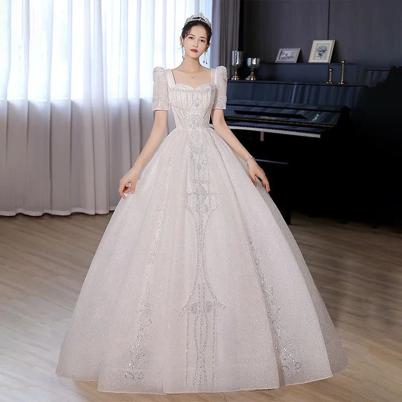 White Ball Gown Women Wedding Dresses Short Sleeves Sequins Pearls Bridal Gowns Formal Vestido De Noiva robe de mariée