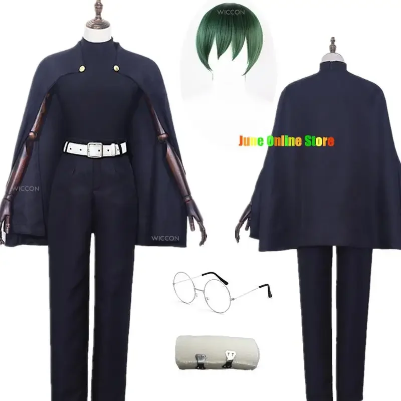 2025 New Anime Zenin Maki Cosplay Costume Jujutsu Kaisen Season 2 Dark Blue Cloak Glasses Tattoo Green Short Wig Bandages AA