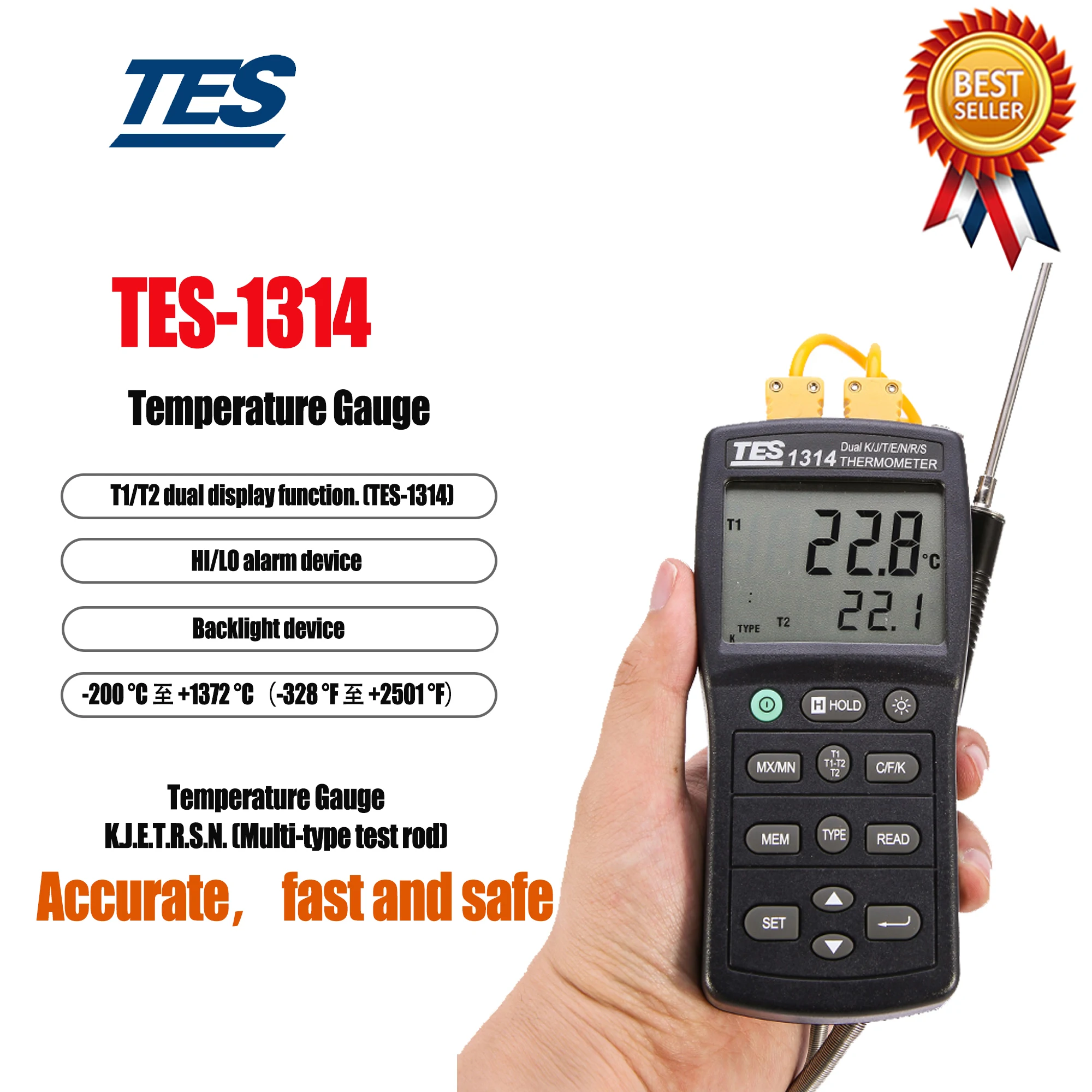 TES-1314 K.J.T.E.R.S.N.Thermometer Highly Accurate Thermometer With Thermocouple K.J.T.E.R.S.N. Type.Back-Light LCD Display.