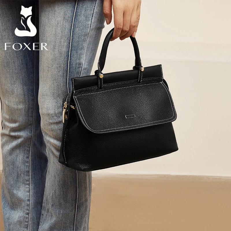 FOXER Genuine Leather Elegant Women's Handbag Stylish Commuter Crossbody Shoulder Bag For Lady Office Middle Flap Messenger Bags