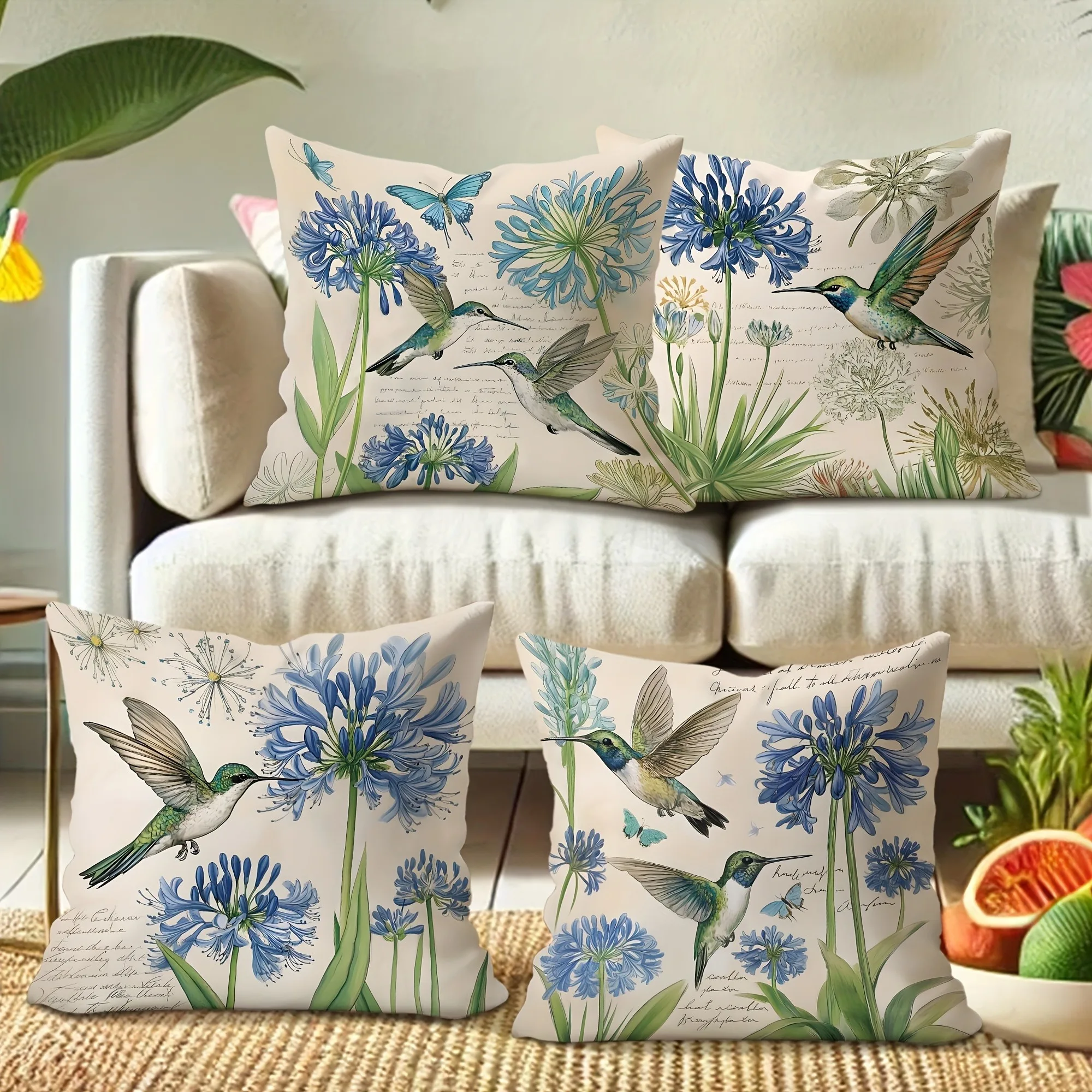Blue Floral Hummingbird Pillow Covers - Vintage Script DesignLiving Room Sofa Cushion Cover, Bedroom Room Decoration