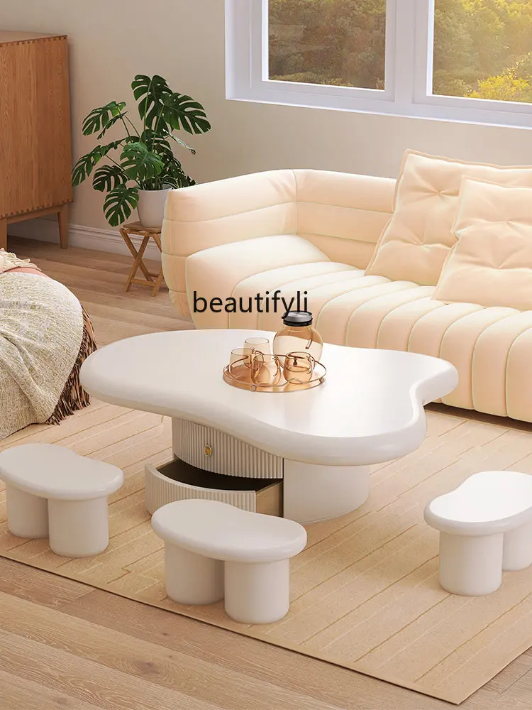 Cream Style Coffee Table Silent Style Living Room Modern Minimalist Drawer Cabinet Table