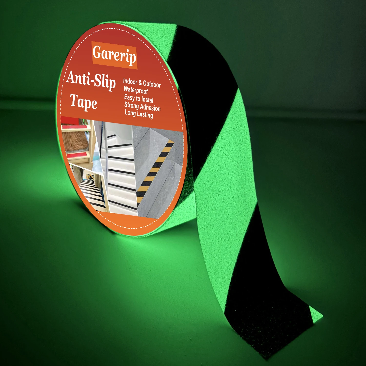 1 Roll of Safety Anti-Slip Tape with Glow-In-The-Dark Feature, 2.5cm X 10.6m Meters, Black Fluorescent Green Anti-Slip Tape for Indoor/Outdoor Stairs, Bathtubs, Bathrooms, Boats, Staircases, Swimming Pool Steps