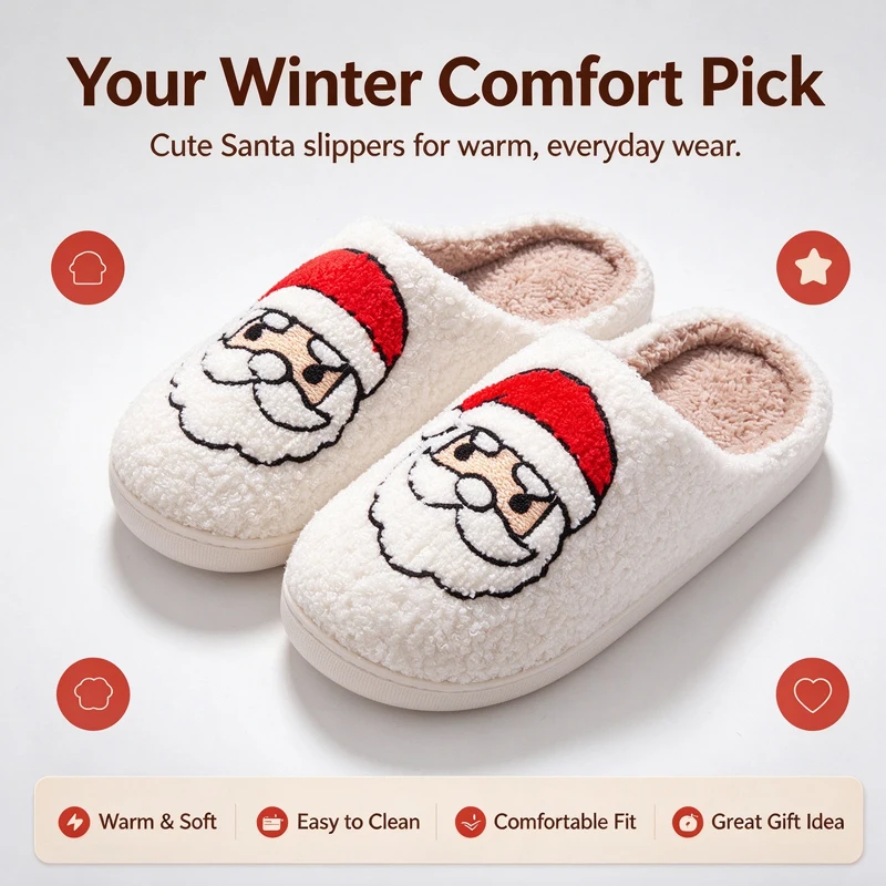 Christmas Santa Claus Plush Cotton Slippers Women Men Winter Warm Fleece Lined House Shoes Non-Slip Indoor Slippers Bedroom Home Shoes with Free Santa Hat