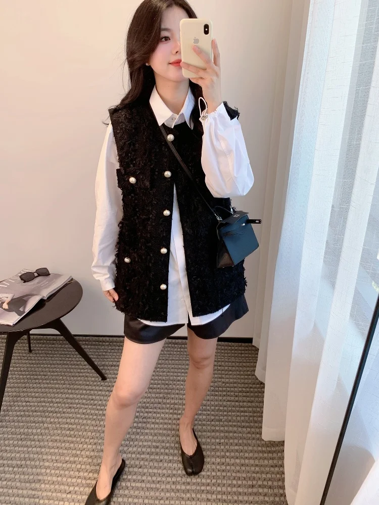 

Женский укороченный жилет из смесовой шерсти с жемчужными пуговицами, приталенный, из полиэстера, с круглым вырезом, для повседневной носки