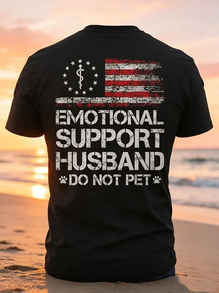 Men's Retro American Flag T-Shirt- Emotional Support Husband Please Don't Touch Back Print- Patriotic Casual T-Shirt, Gift for Husband, Suitable for Daily and Special Occasions- Lightweight Breat