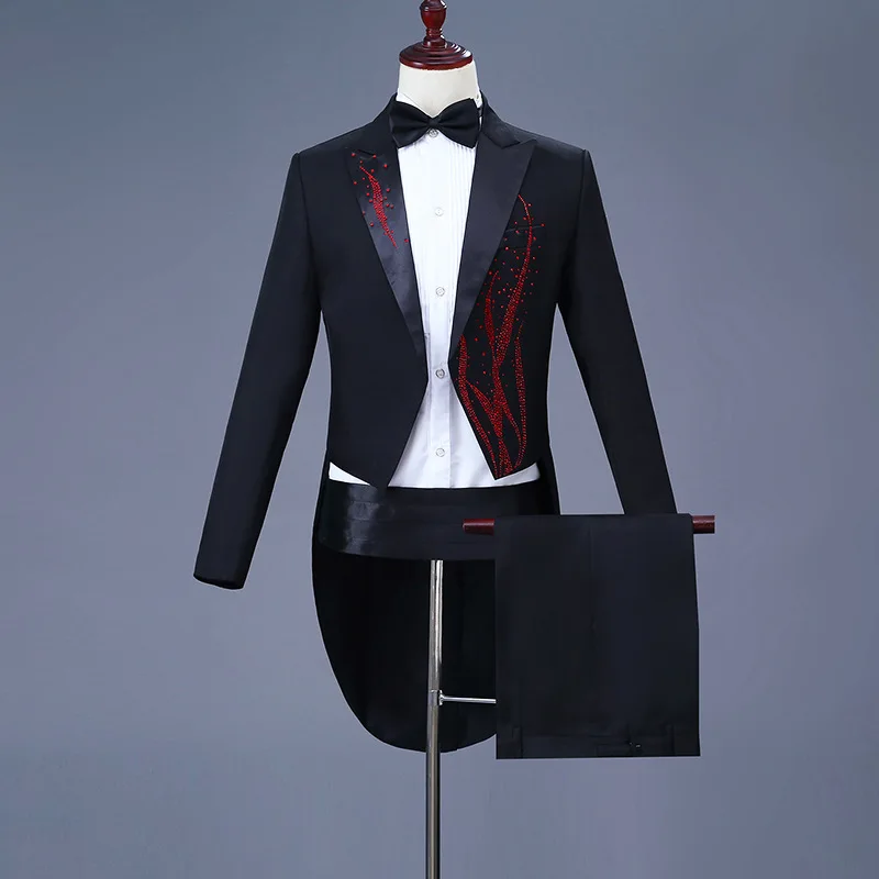 

Mens Tailcoat Suits Tuxedo Blazers Sets Jacket Men's Formal Performance Stage Party Wedding Costumes With Rhinestones Tops+Pants